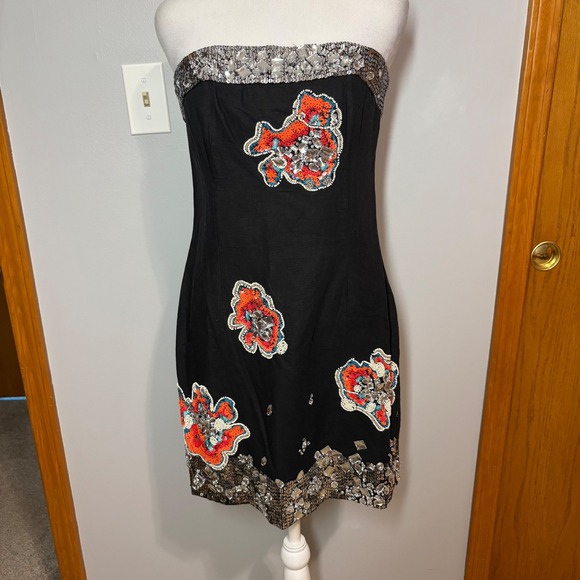 French Connection Strapless Mini Dress Sequin beaded Embellished Party Black 8 - Picture 1 of 12